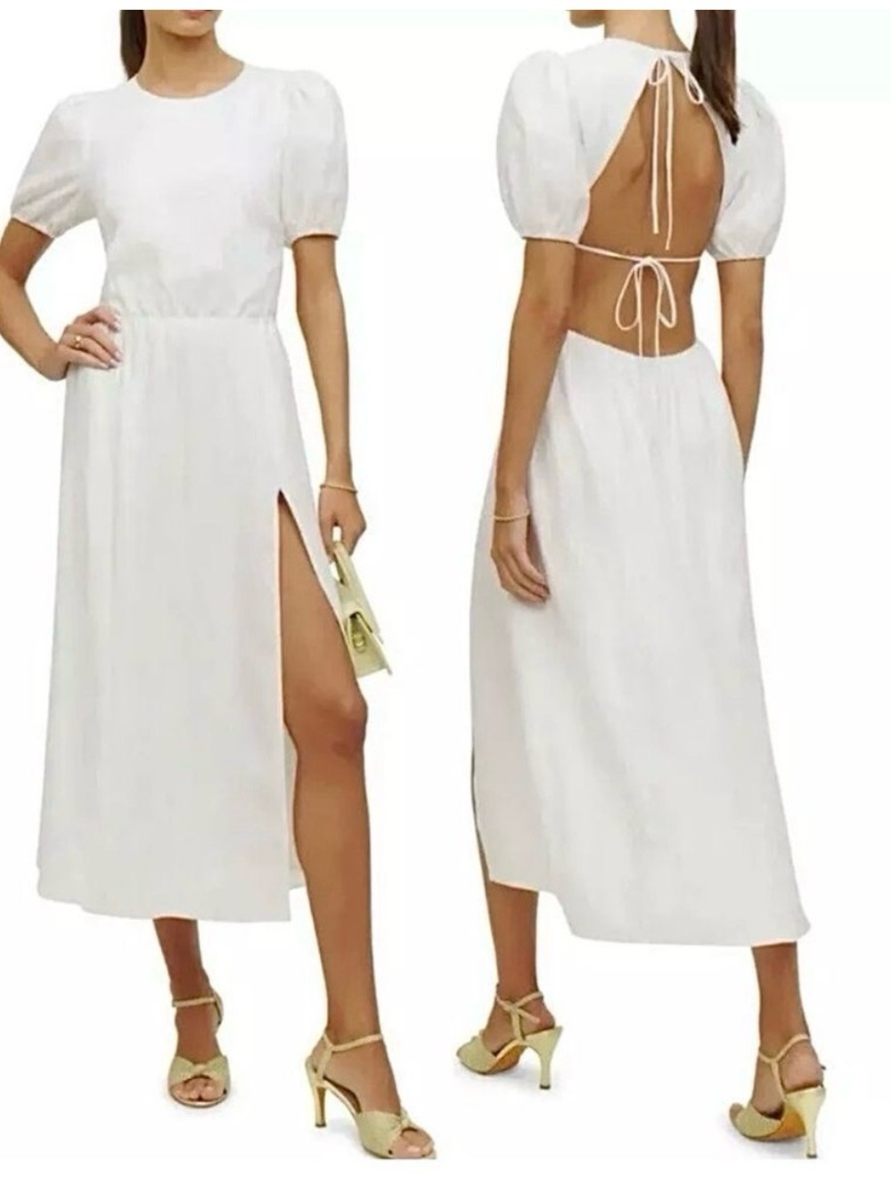 Reformation Anneliese White Open-Back Midi Linen Dress. Size 4